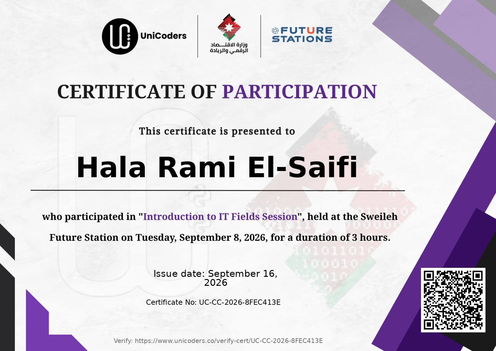 Certificate of Completion — Introduction to IT Fields Session