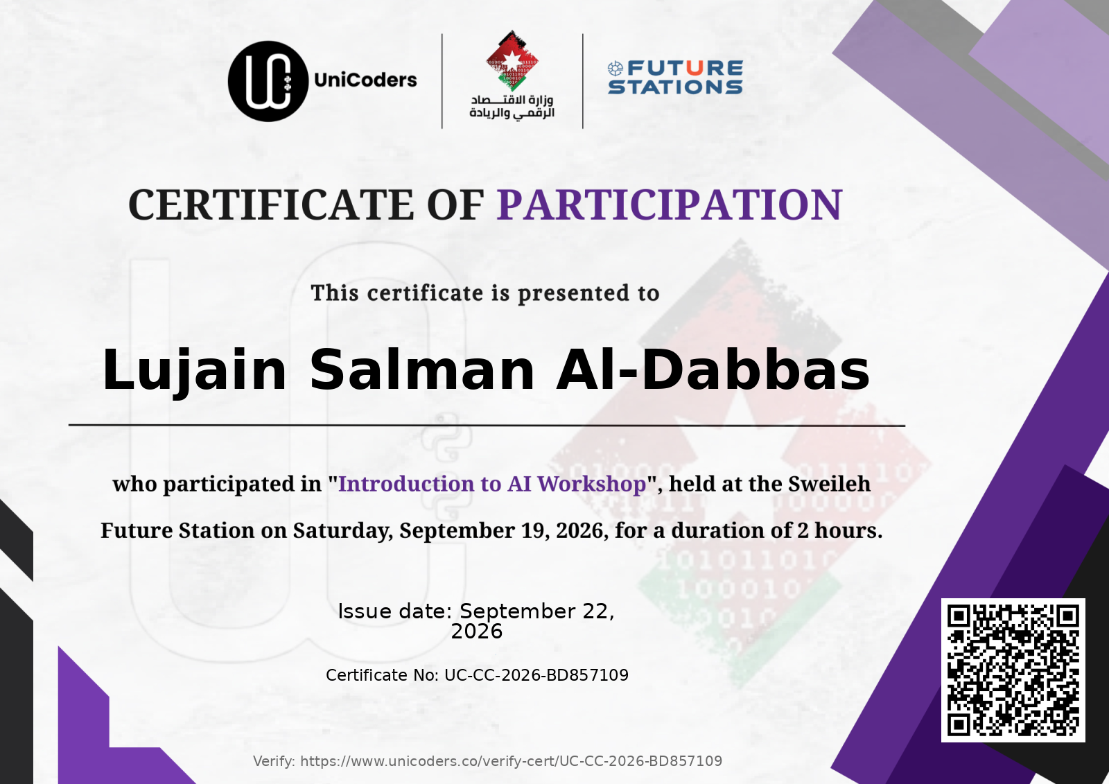 Certificate of Completion — Introduction to AI Workshop