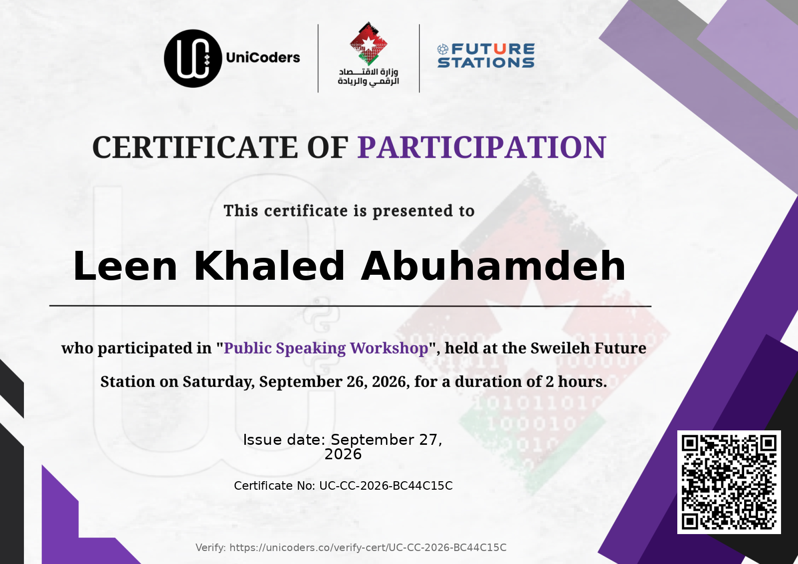 Certificate of Completion — Public Speaking Workshop
