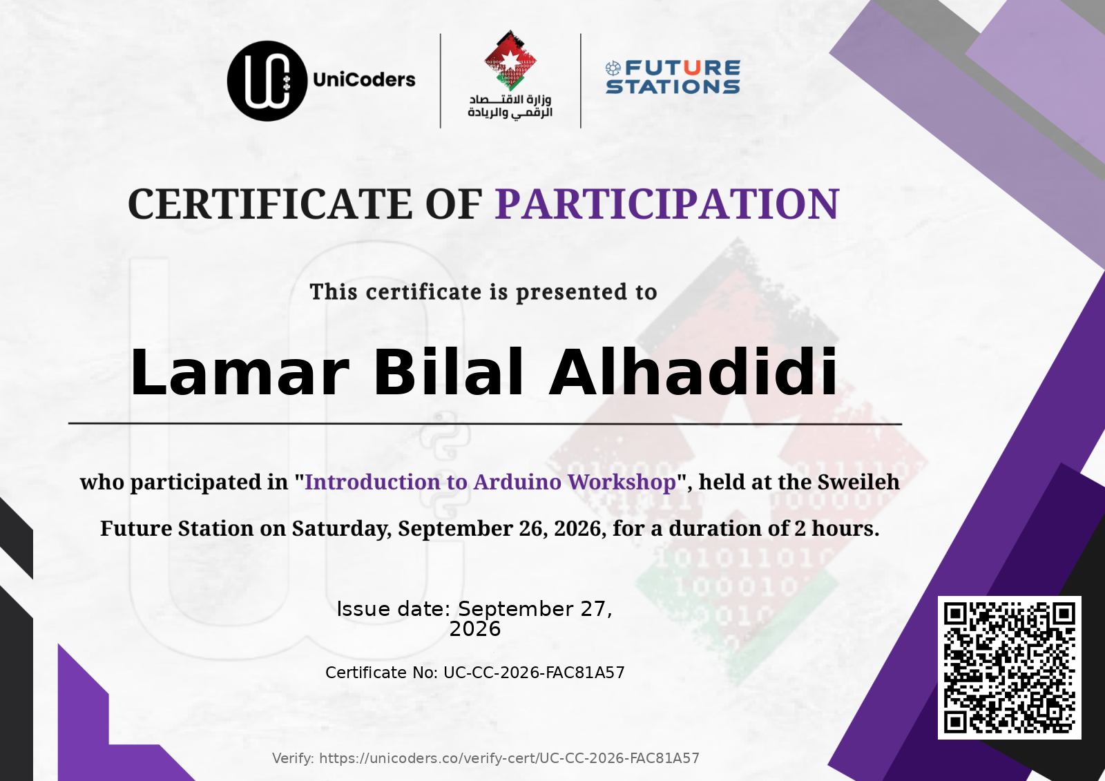 Certificate of Completion — Introduction to Arduino World Workshop