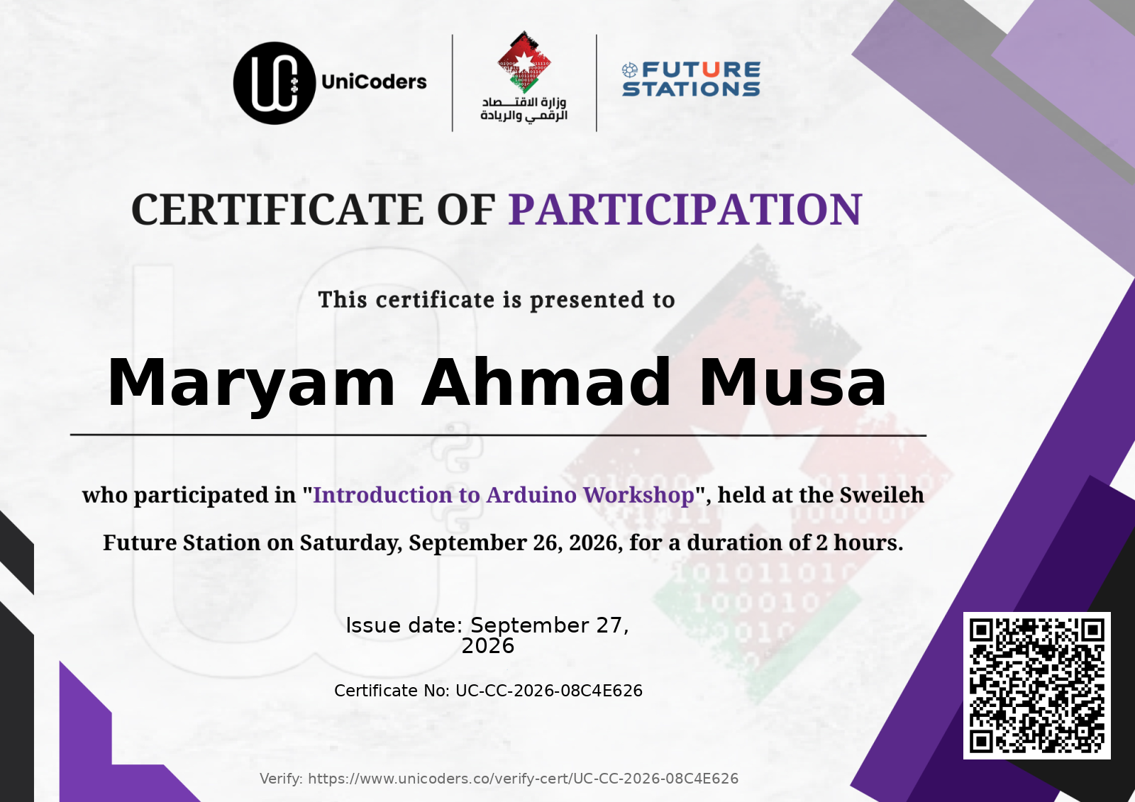 Certificate of Completion — Introduction to Arduino World Workshop
